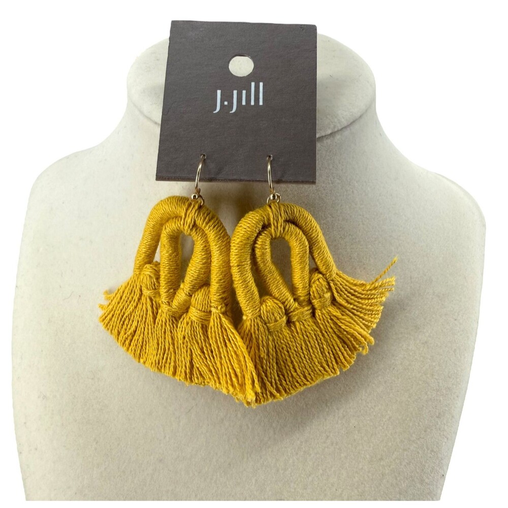 J. Jill Macrame Tassel Earrings Yellow Fringe Boho Statement Dangle Vacation NWT - Picture 2 of 13